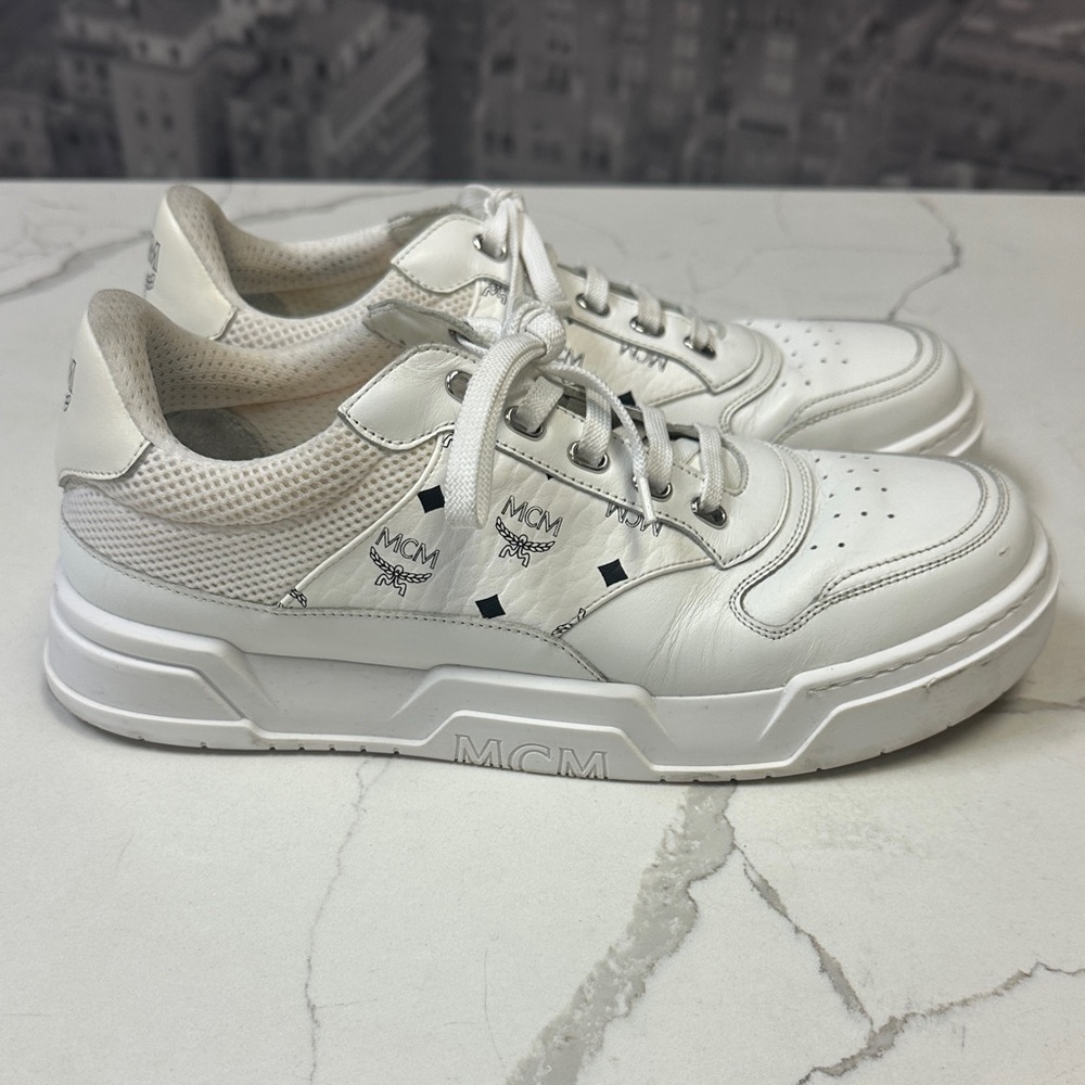 MCM Skyward Low-top Basketball Sneakers White Visetos Leather EU 43 US 10 - Picture 2 of 14